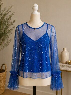 Sace Sparkling Royal Blue Sheer Bell-Sleeve Blouse Size Large